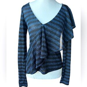 Zara Trafaluc Collection Blue & Black Metallic Striped V Neck Ruffled Top XS